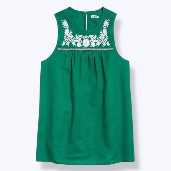 J. Crew Tops - J.Crew Green Embroidered Cotton-linen Tank Blouse